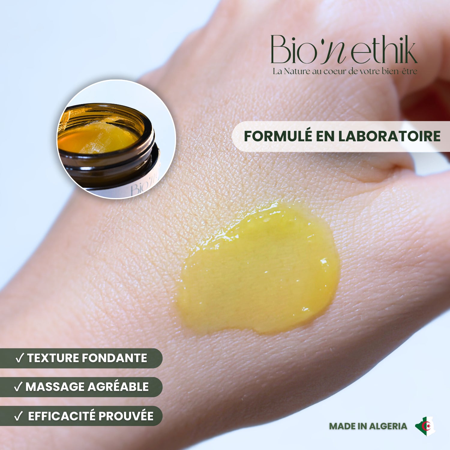 Texture fondante et légère du baume bio à base d'huiles essentielles Flexora
